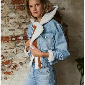 Free People Light Blue Denim Jacket with White Sherpa